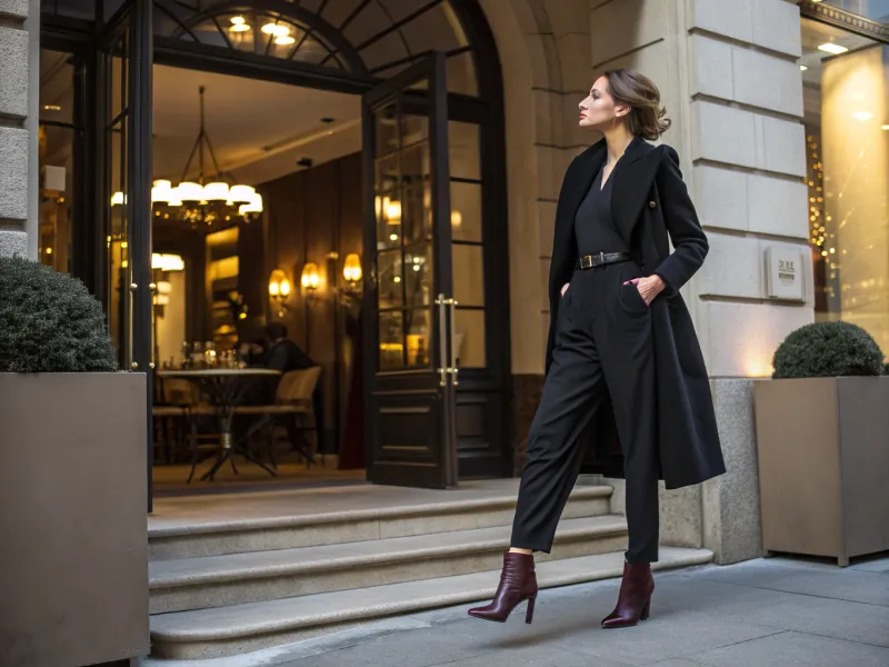 Jumpsuit + Heeled Boots + Belted Coat