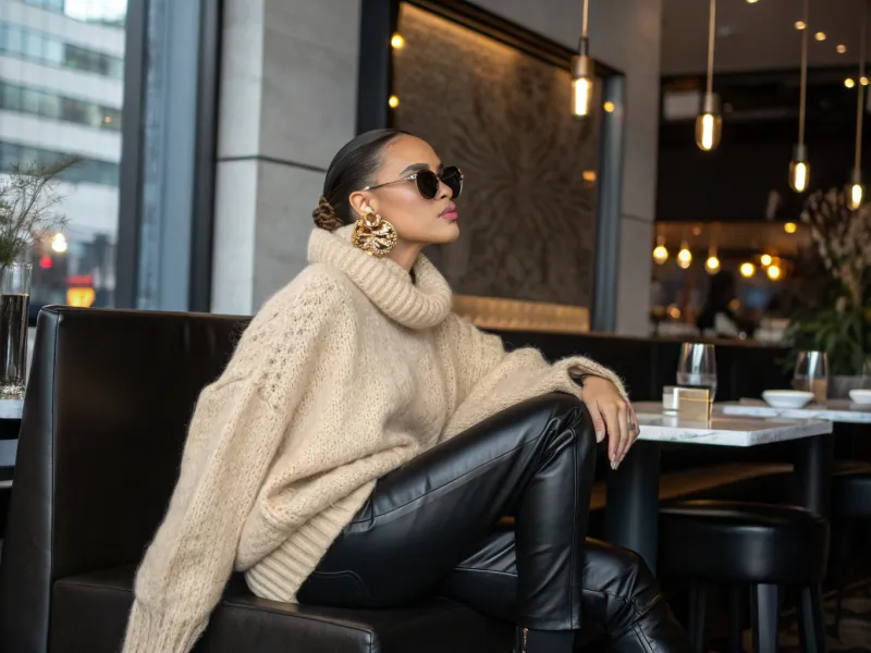 Leather Pants + Chunky Knit + Statement Earrings