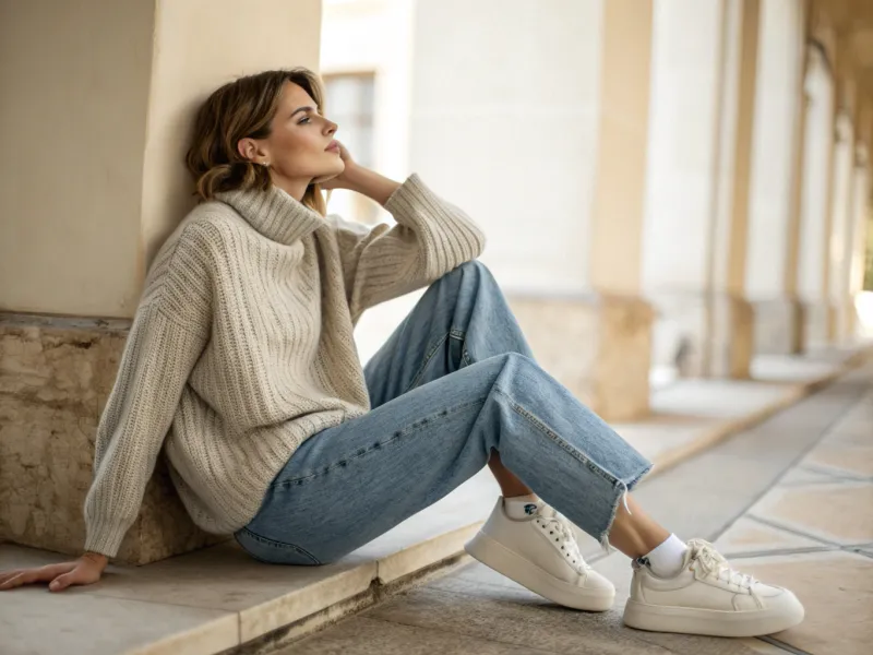 Monochrome Knit Sweater + Baggy Jeans + Minimal Sneakers