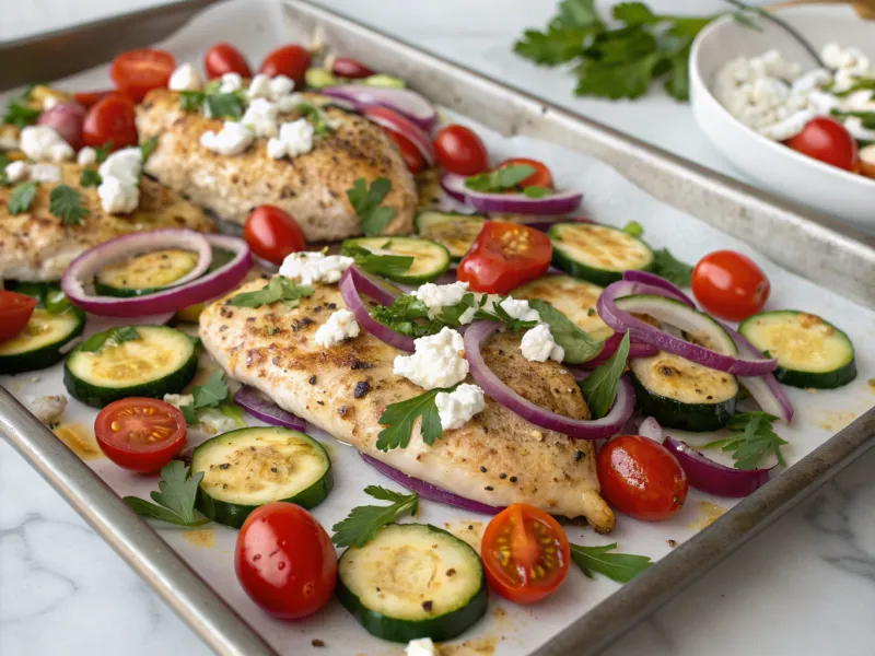 Sheet Pan Greek Chicken with Zucchini, Tomatoes & Red Onion