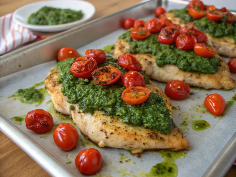 Sheet Pan Pesto Chicken with Cherry Tomatoes