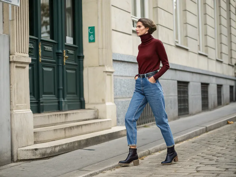 Slim Turtleneck + Baggy Jeans + Ankle Boots