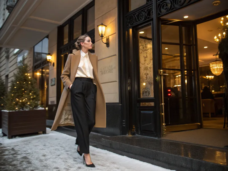 Tailored Trousers + Silk Blouse + Long Wool Coat