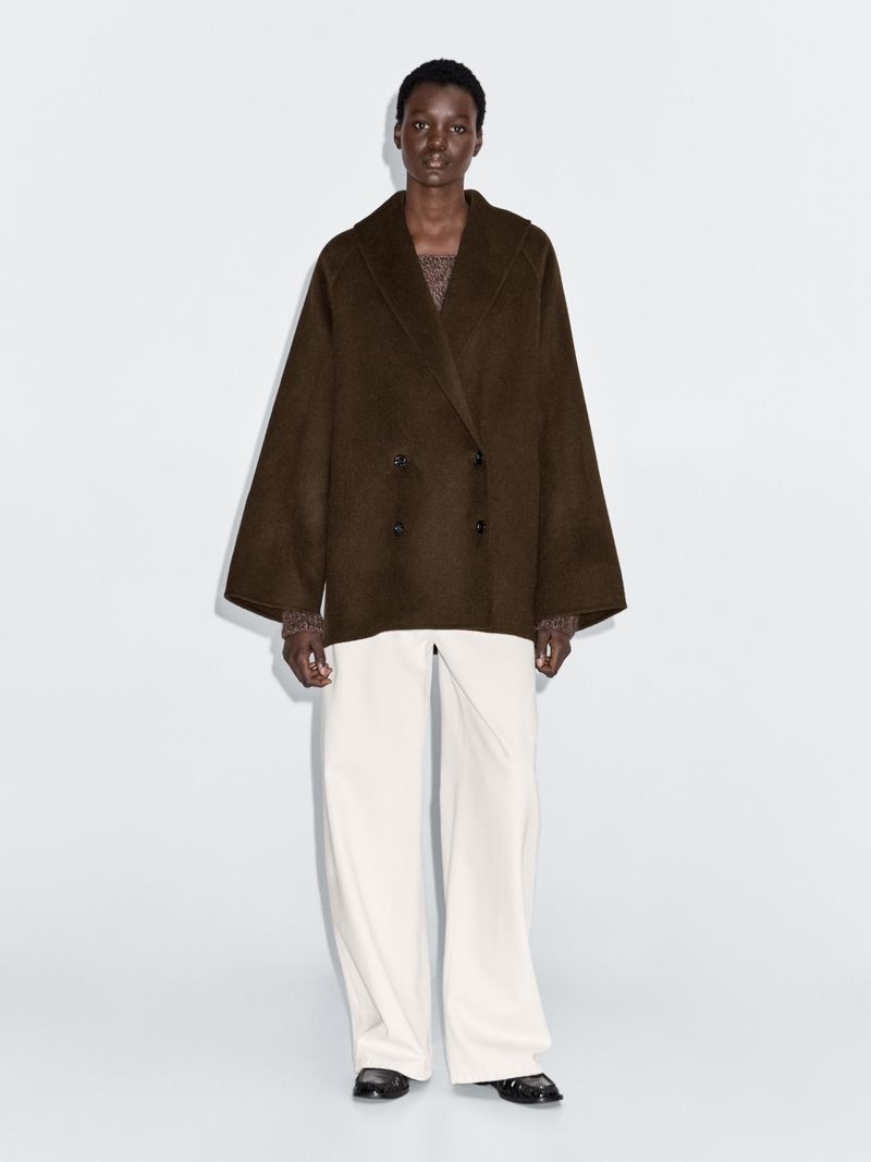 Wool Blend Double-Breasted Coat with Tuxedo Collar