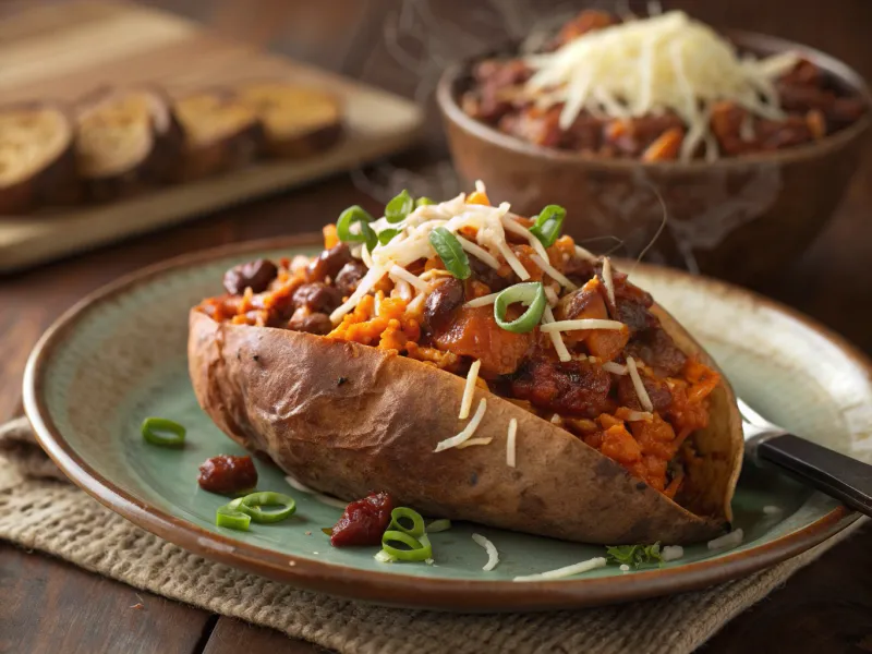 Baked Sweet Potato with Lean Turkey or Bean Chili