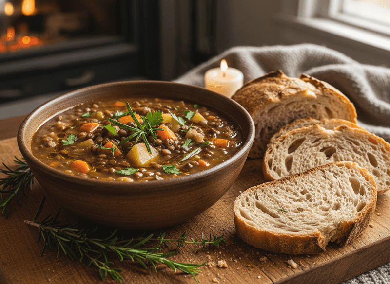 Simple Lentil Soup with Crusty Bread