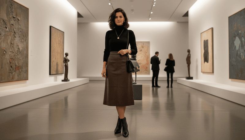 Black Turtleneck + Leather Midi Skirt