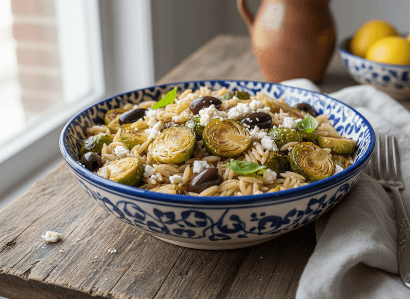 Whole Wheat Orzo with Roasted Brussels Sprouts, Olives & Feta