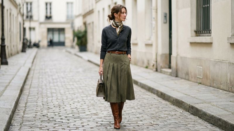 Button-Front Cardigan (Worn as a Top) + Wool Midi Skirt