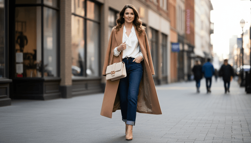 Camel Coat + Silk Blouse + Dark-Wash Jeans + Pointed-Toe Pumps
