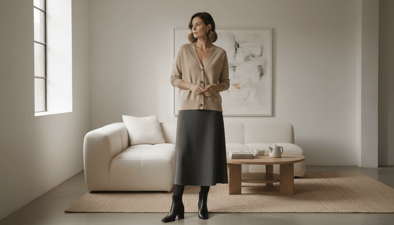 Cashmere Cardigan (Buttoned) + Wool Skirt + Sheer Tights + Ankle Boots