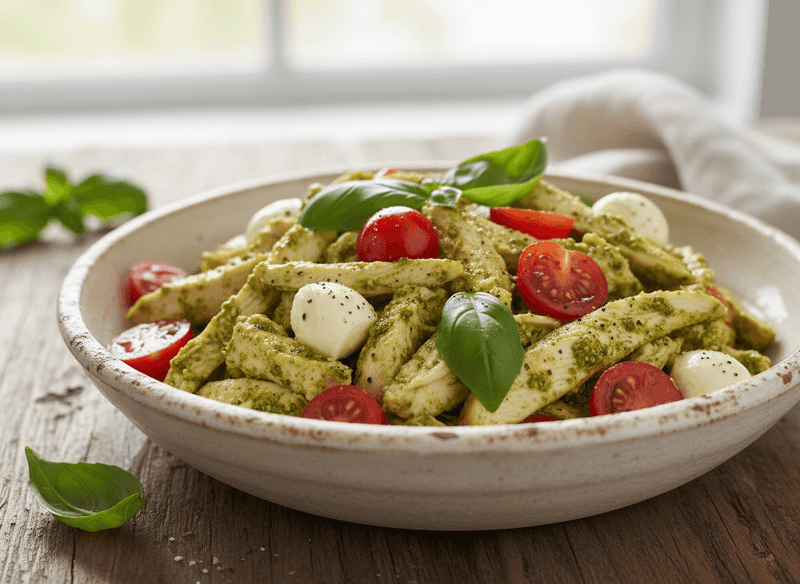 Pesto Chicken Salad with Cherry Tomatoes & Mozzarella Pearls