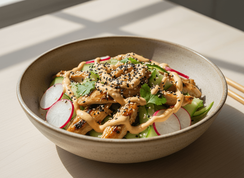 Miso Chicken Salad with Cucumber, Radishes & Sesame Seeds