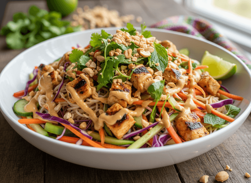 Thai Peanut Chicken Salad with Rice Noodles & Crunchy Veg
