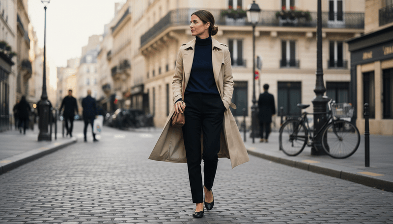 Classic Trench Coat + Merino Wool Sweater + Tailored Pants + Ballet Flats
