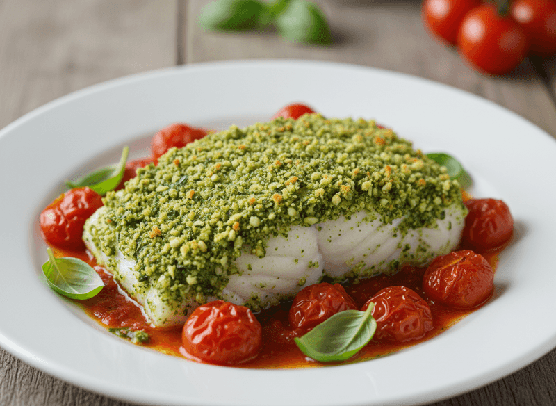 Pesto-Crusted Cod with Roasted Cherry Tomatoes
