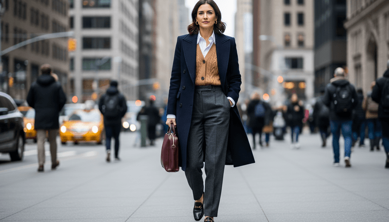 Double-Breasted Coat + Button-Down Shirt + Knit Vest + Loafers