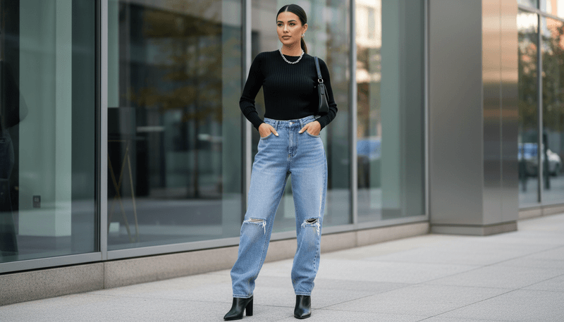 Fitted Knit Top + Baggy Denim