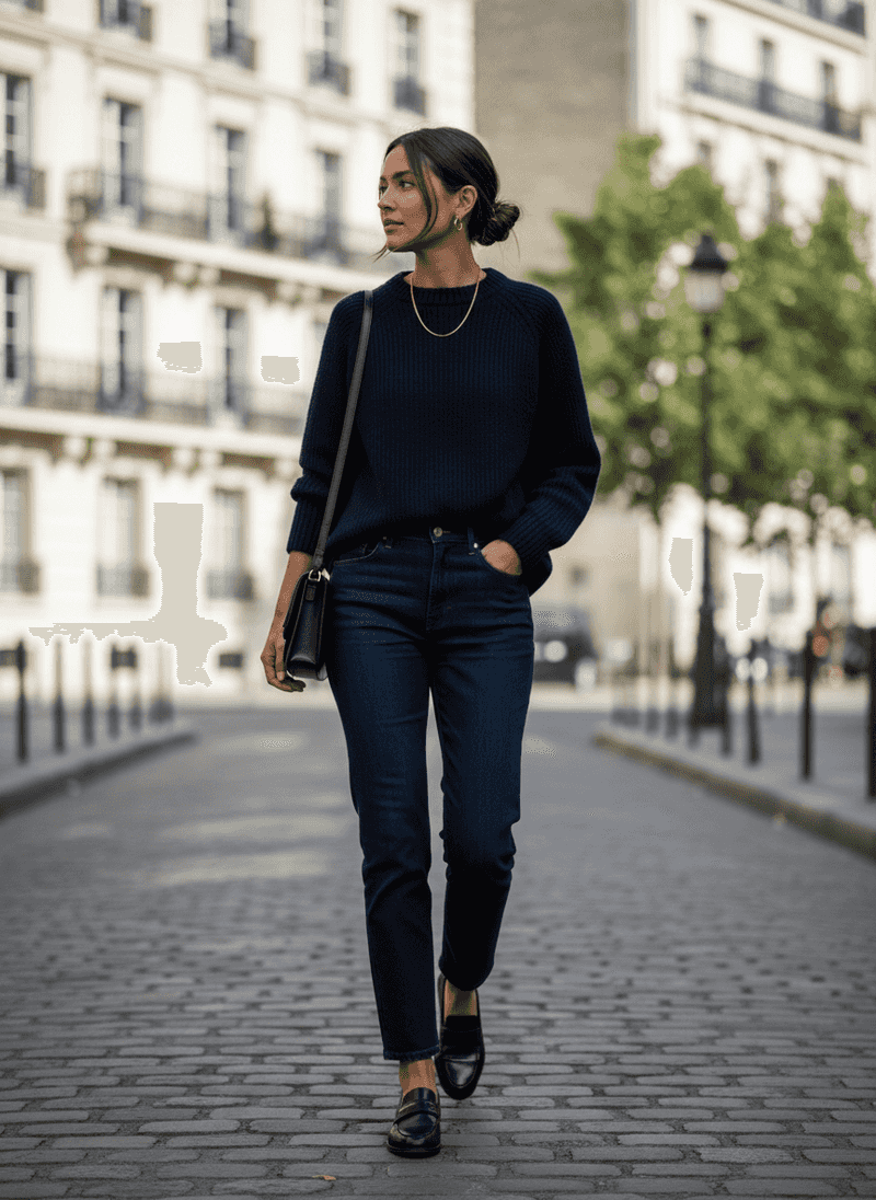 Straight-Leg Dark Jeans + Navy Knit + Black Loafers