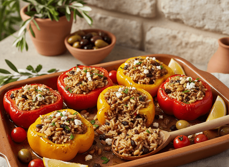 Stuffed Peppers with Brown Rice, Pine Nuts & Currants