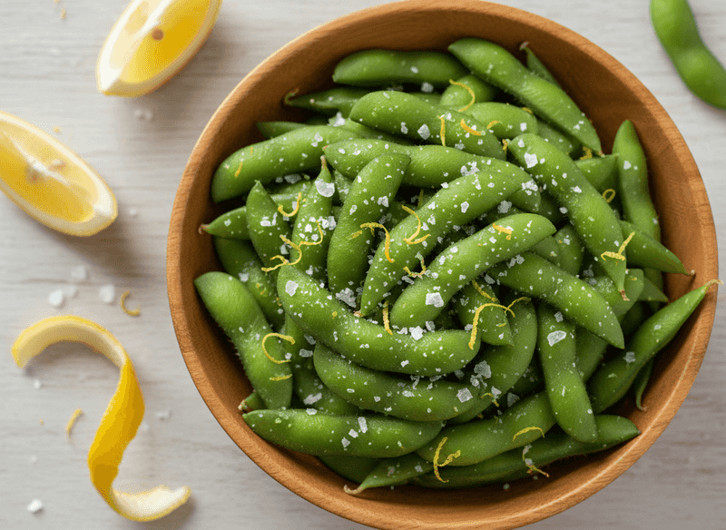 Edamame Sprinkled with Flaky Salt and Lemon Zest