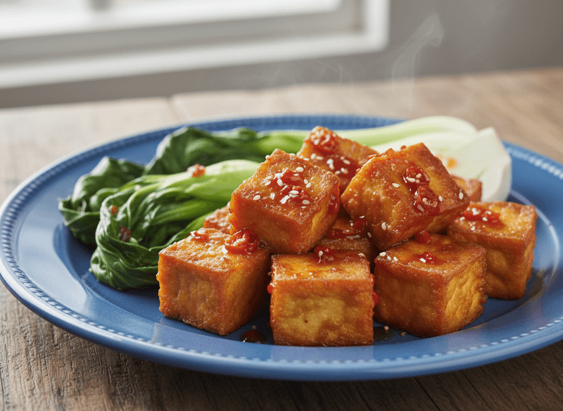 Crispy Tofu with Sweet Chili Glaze and Bok Choy
