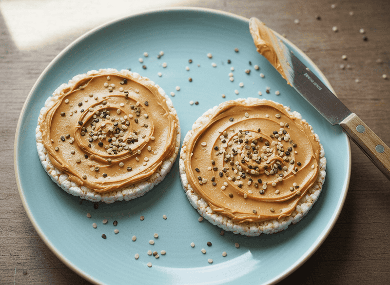 Peanut Butter on Rice Cakes with Hemp Seeds