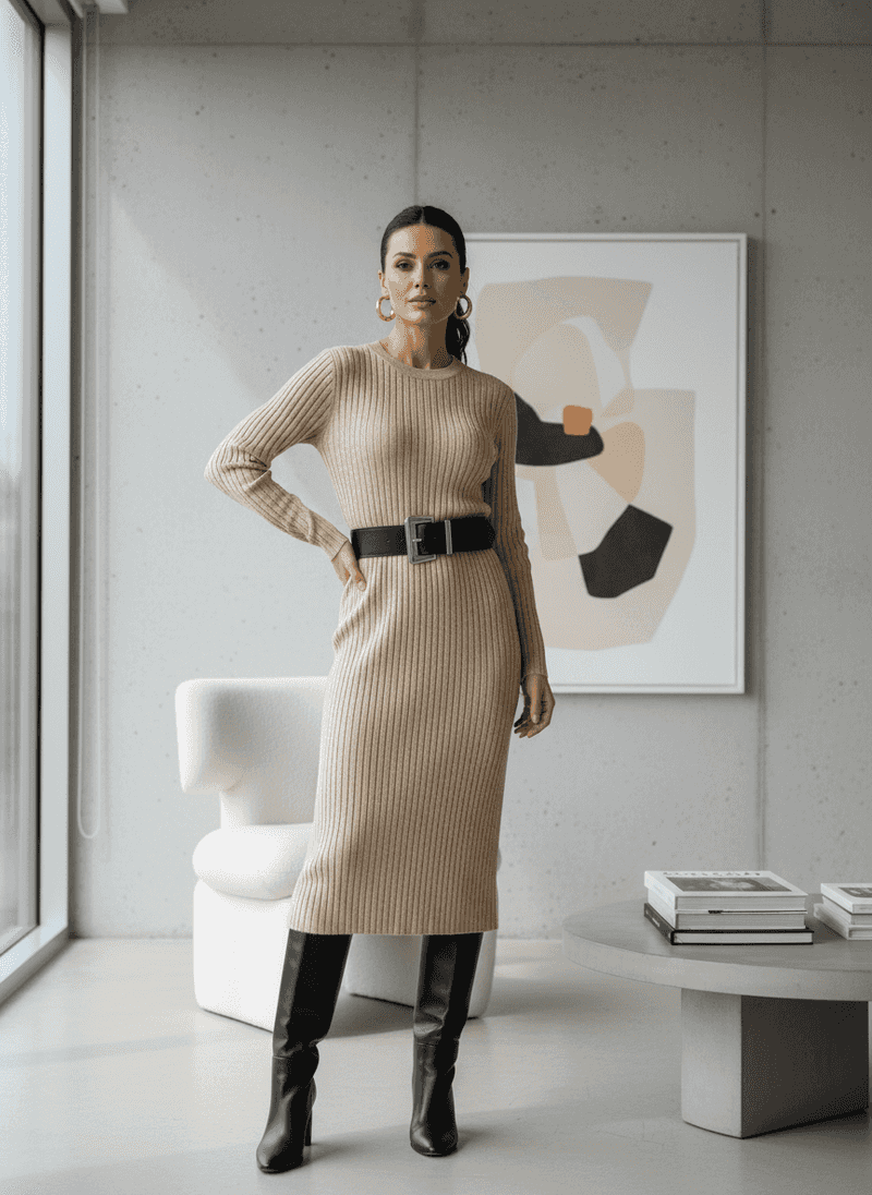 Knit Midi Dress with Bold Contrast