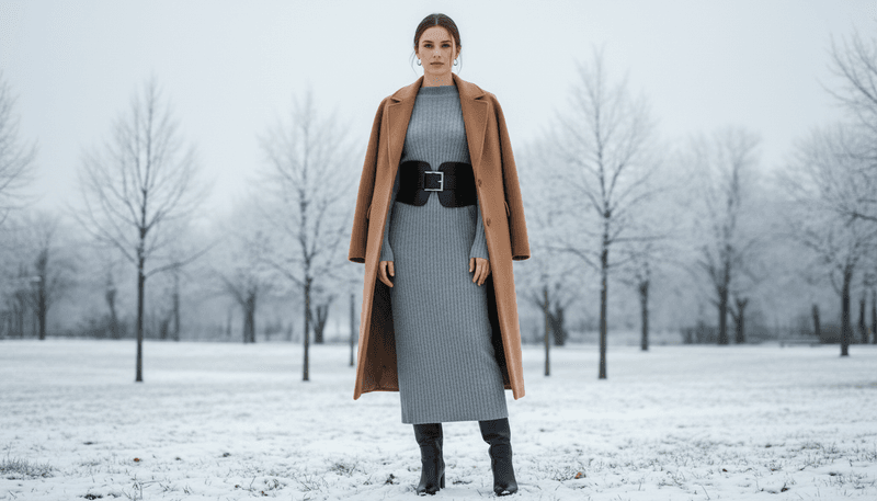 Long Knit Dress + Structured Belt + Knee-High Boots + Wool Coat