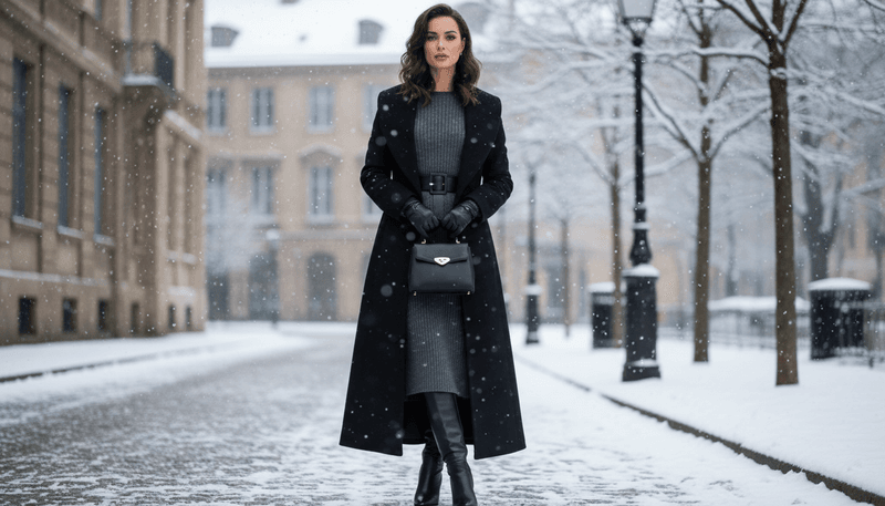 Longline Coat + Belted Knit Dress + Leather Boots