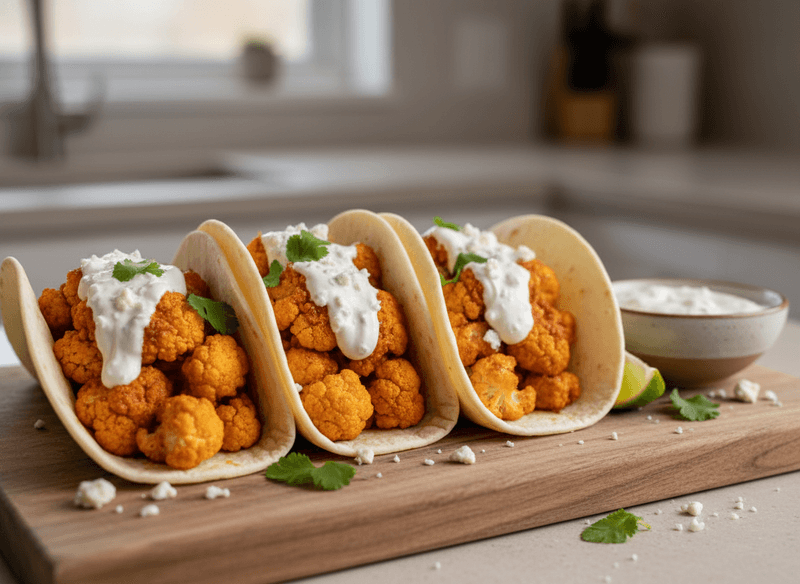 Buffalo Cauliflower Tacos with Blue Cheese Crema