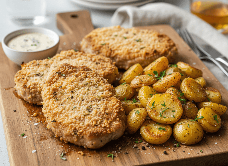 Garlic-Parm Pork Chops with Smashed Baby Potatoes