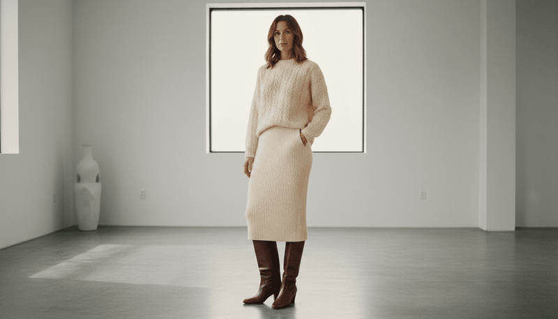 Monochrome Knit Set (Sweater + Midi Skirt) + Knee-High Boots