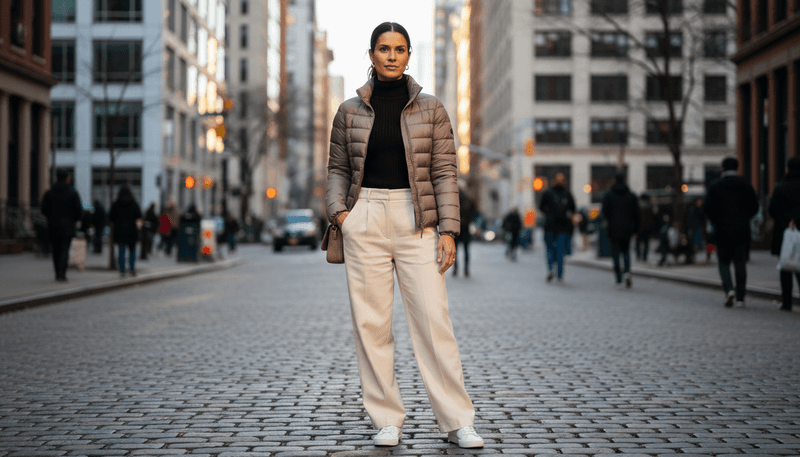 Neutral Puffer (Streamlined Fit) + Ribbed Knit + Wide-Leg Trousers + Sneakers