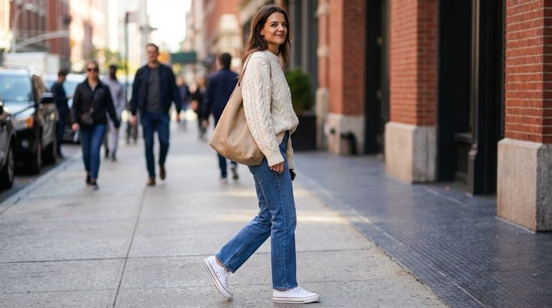 Oversized Cream Sweater + Straight-Leg Blue Jeans