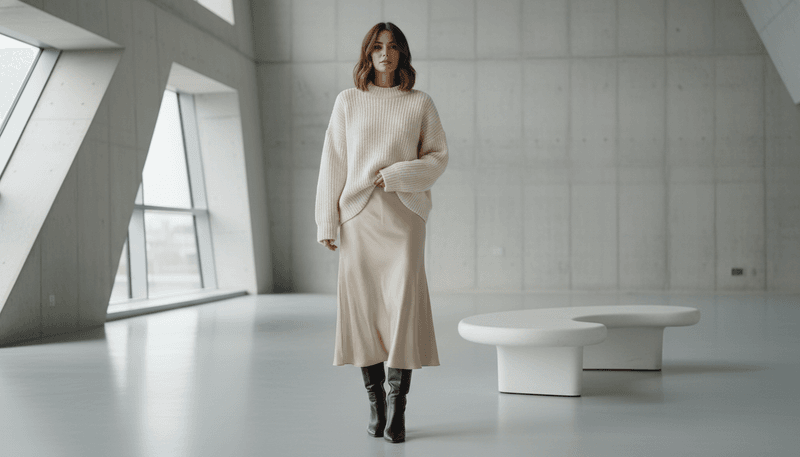 Oversized Knit + Satin Midi Skirt + Pointed Boots