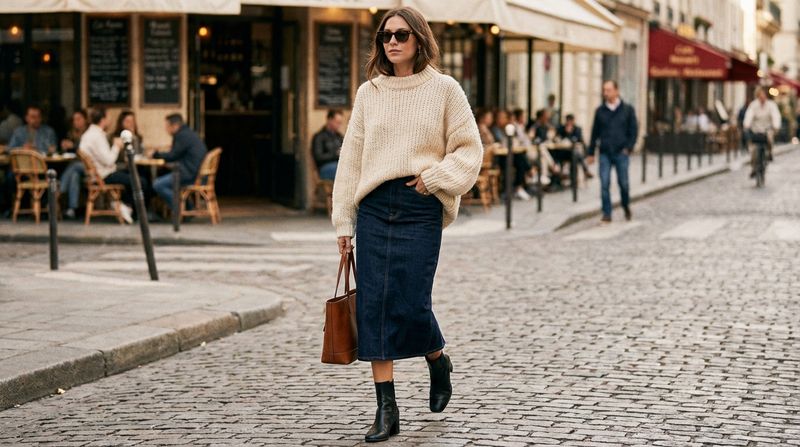 Oversized Knit Sweater + Straight-Cut Midi Skirt