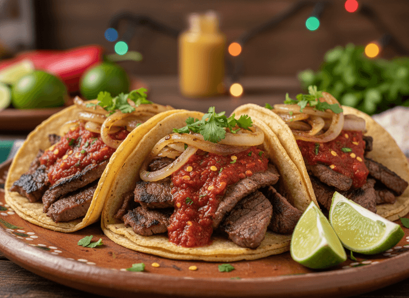 Tacos de Arrachera con Salsa Roja