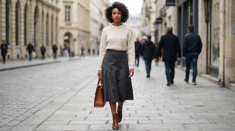 Ribbed Crewneck Sweater + Tailored Wool A-Line Skirt