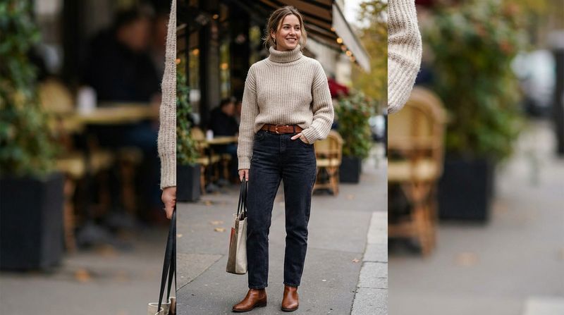 Ribbed Turtleneck + High-Waisted Dark Denim