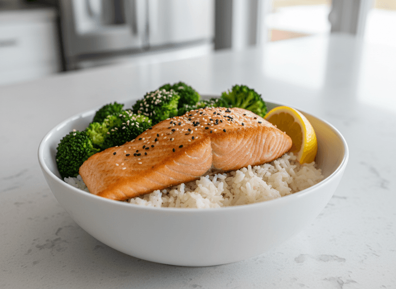 Rice Bowl with Salmon and Steamed Broccoli