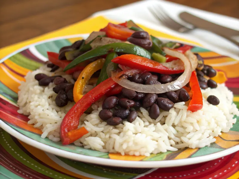 Rice and Beans with Sautéed Onions and Peppers