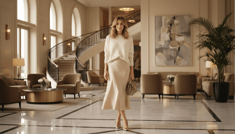 Satin Midi Skirt + Cashmere Sweater