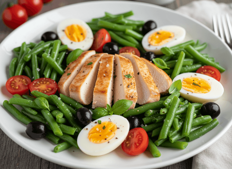 Chicken Salad Niçoise-Style with Green Beans, Olives & Soft Eggs