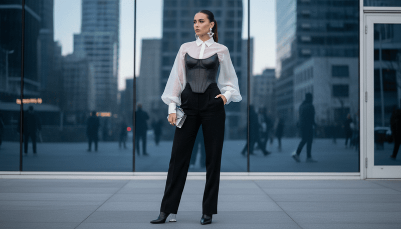 Sheer Blouse + Structured Corset + Trousers