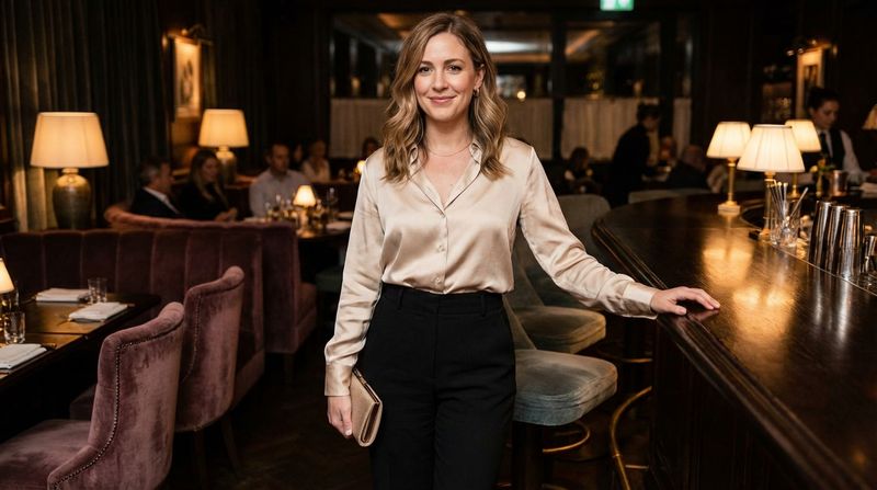 Silk or Satin Blouse + High-Waisted Trousers