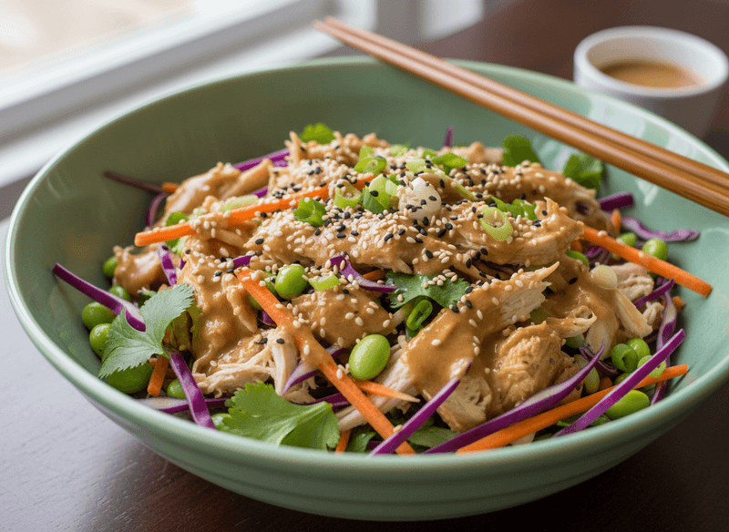Sesame Ginger Chicken Salad with Shredded Cabbage & Edamame