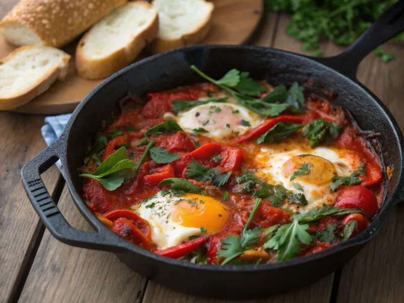 Spicy Greens and Roasted Red Pepper Shakshuka