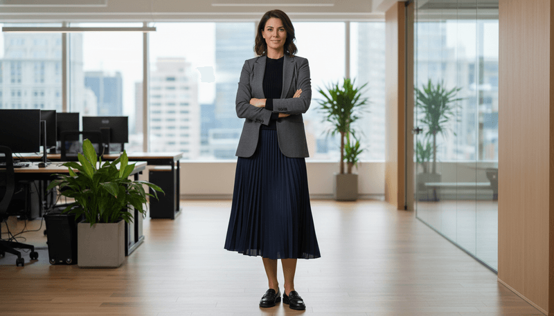 Structured Blazer + Fine-Gauge Knit + Pleated Midi Skirt + Loafers