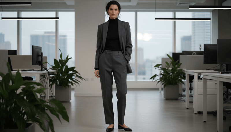 Tailored Suit (Soft Wool) + Lightweight Turtleneck + Pointed Flats